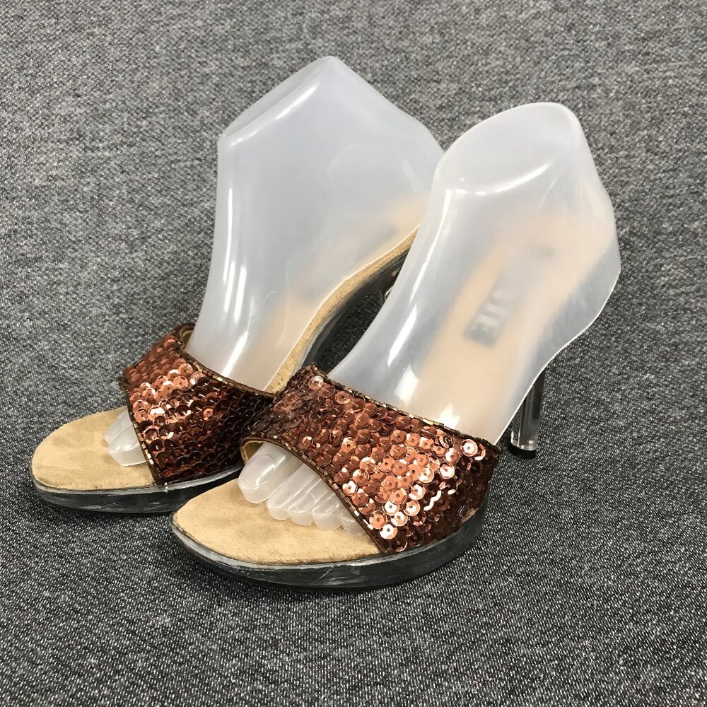 Womens JANTE Size 8 Brown Sequin Slides Heels 4" Platform Pole Dancing Clubwear